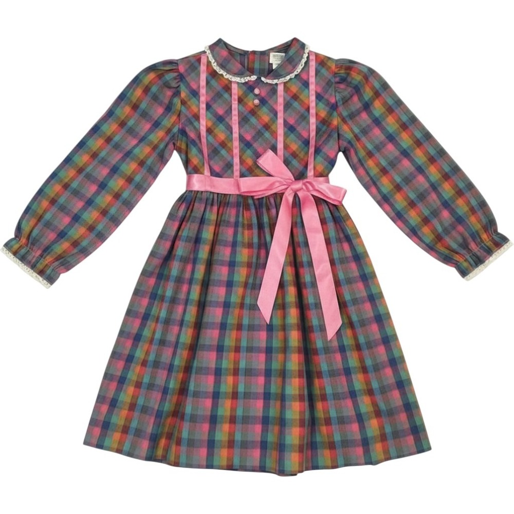 Vintage Peaches n Cream Girls Rainbow Plaid Lace Collar Dress Size 5 USA cottage